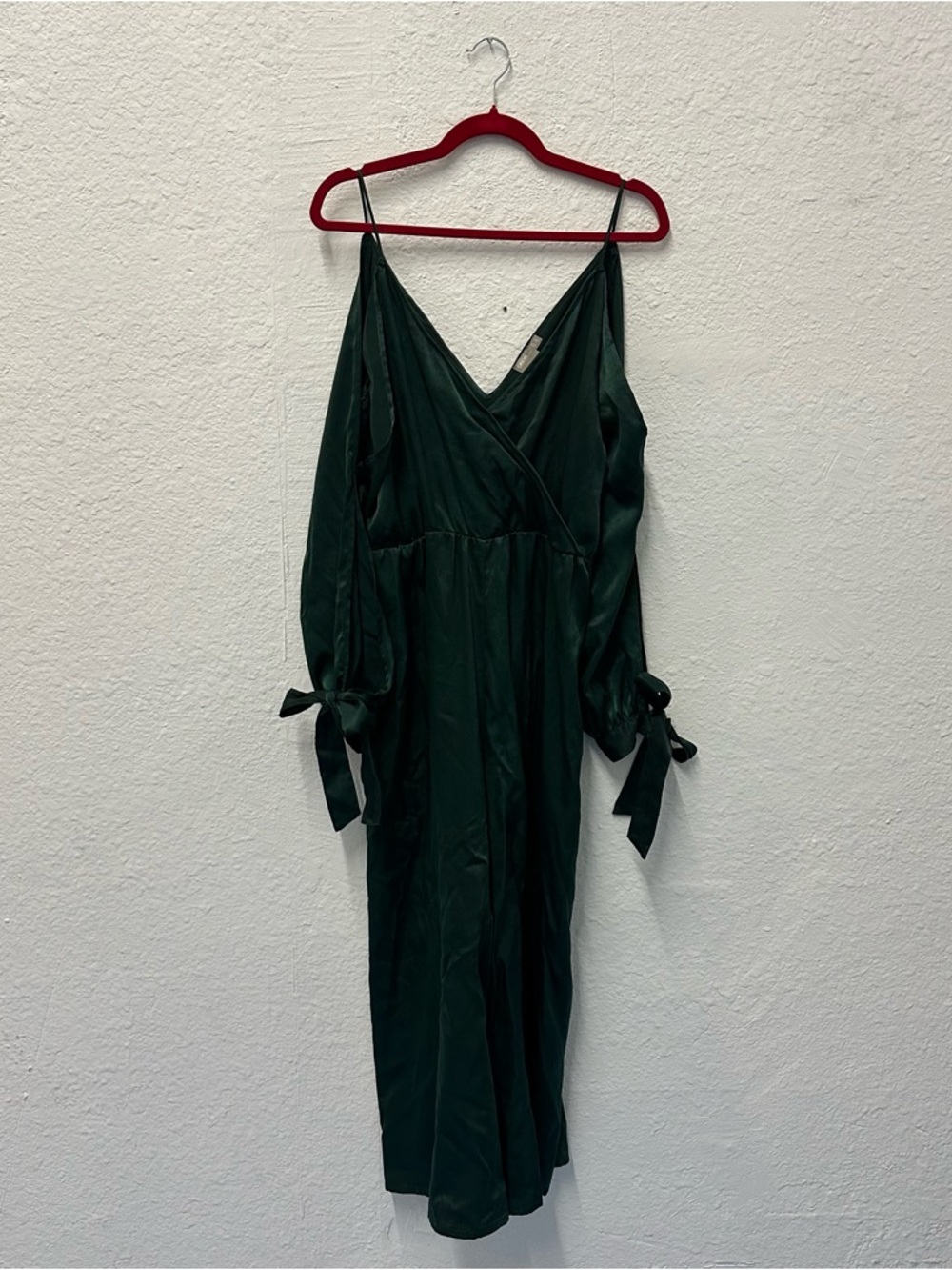 Dark Green Satin Cold-Shoulder Midi Jumpsuit with Tie Sleeves
